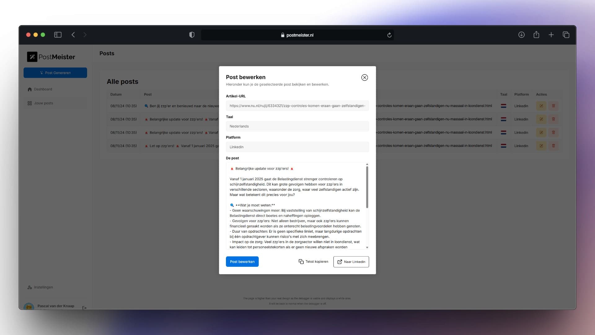 Postmeister interface for reviewing and editing a generated LinkedIn post