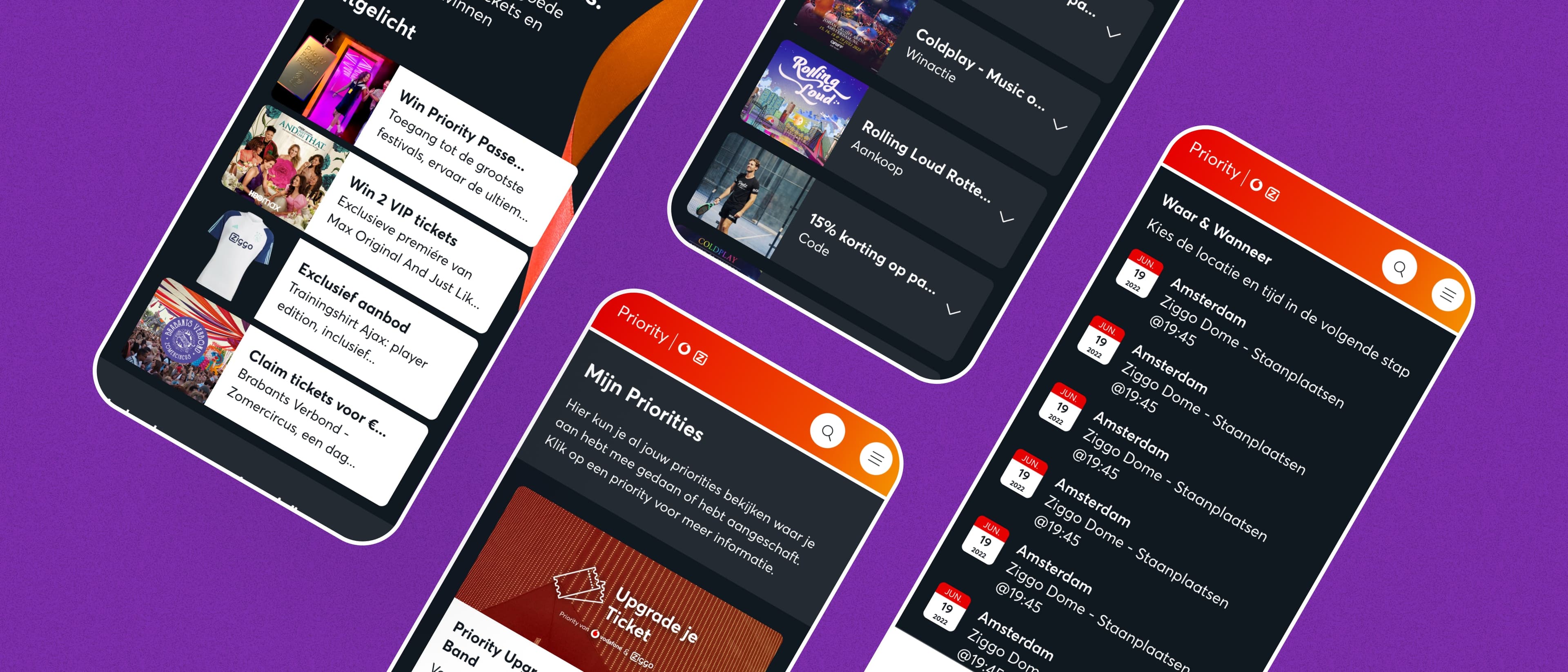 Four mobile screens showing Priority rewards, purchases, and event details