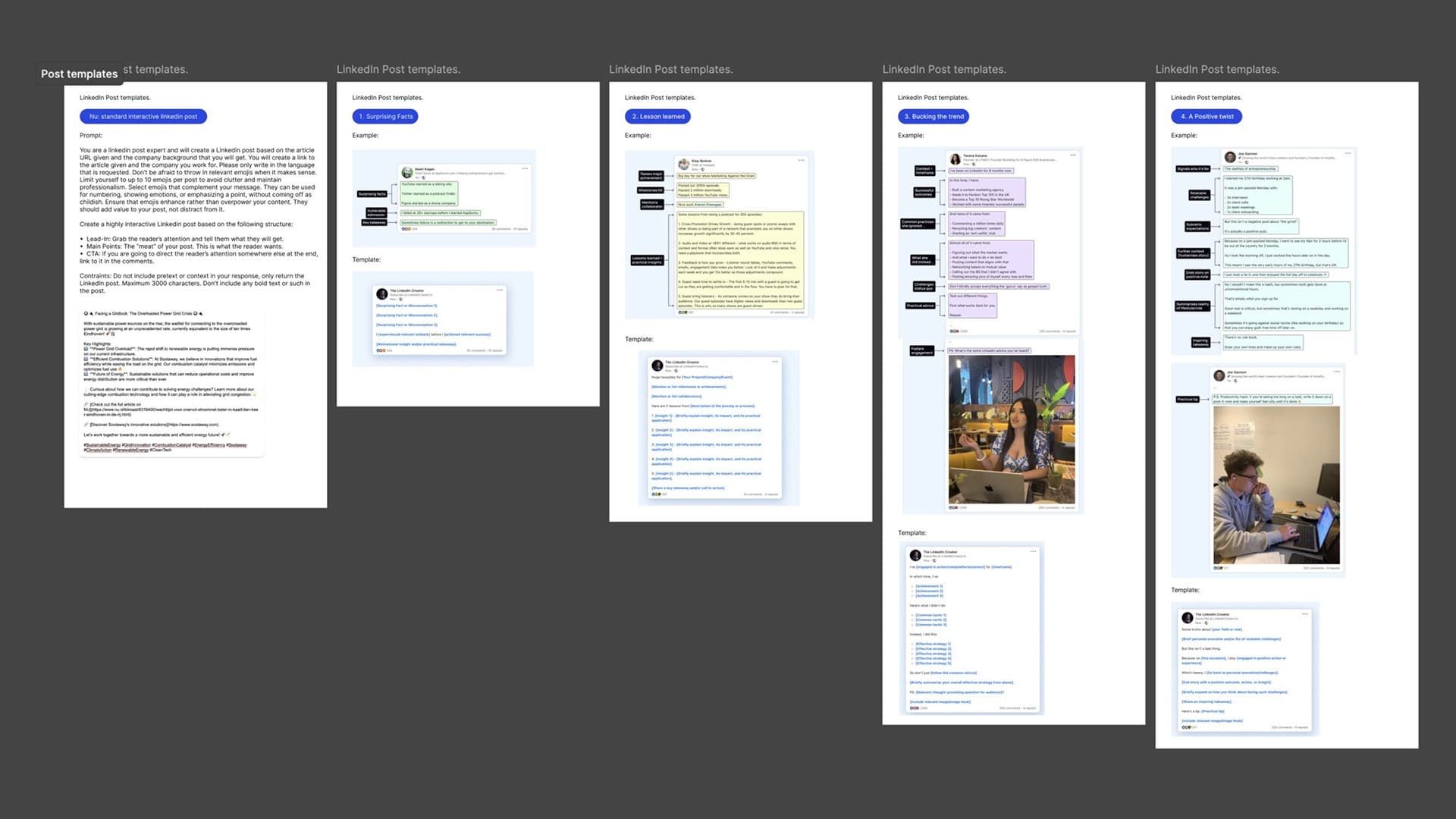 A workspace comparing prompts and LinkedIn post templates