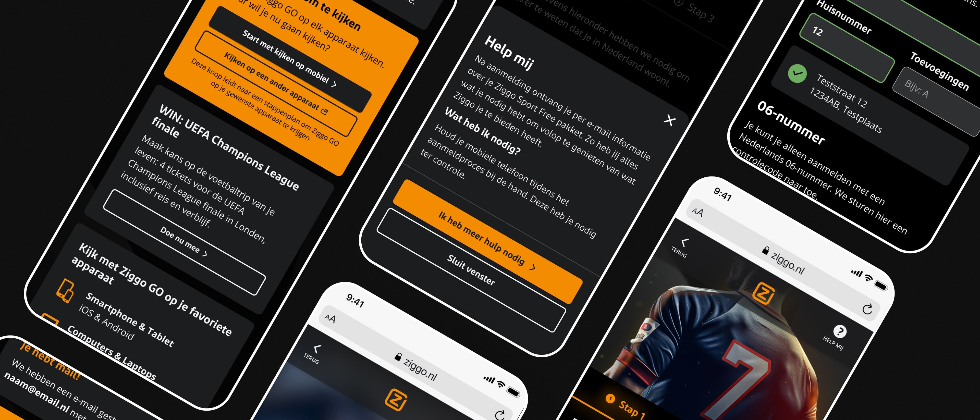 A collection of screens from the Ziggo European football registration flow