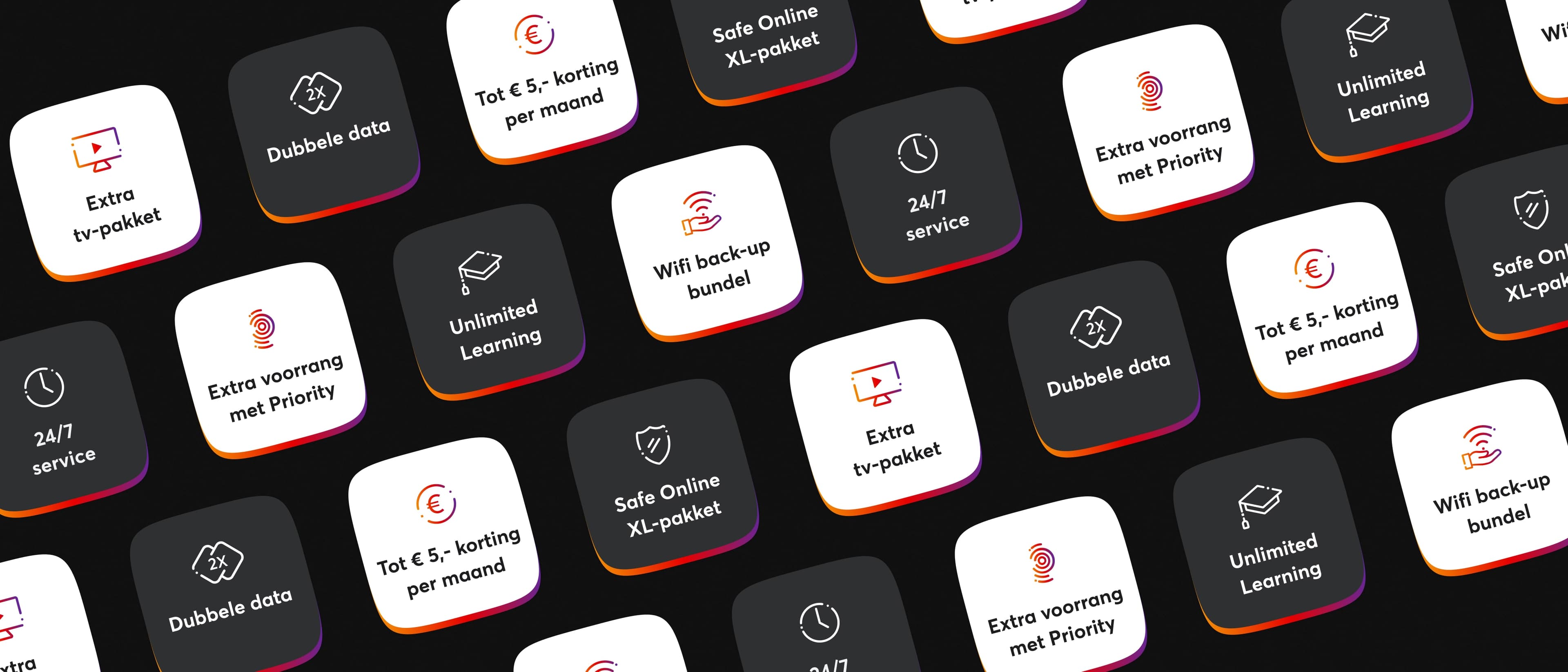 A composition of Volop benefit stickers for offers including double data, discounts, and service packages