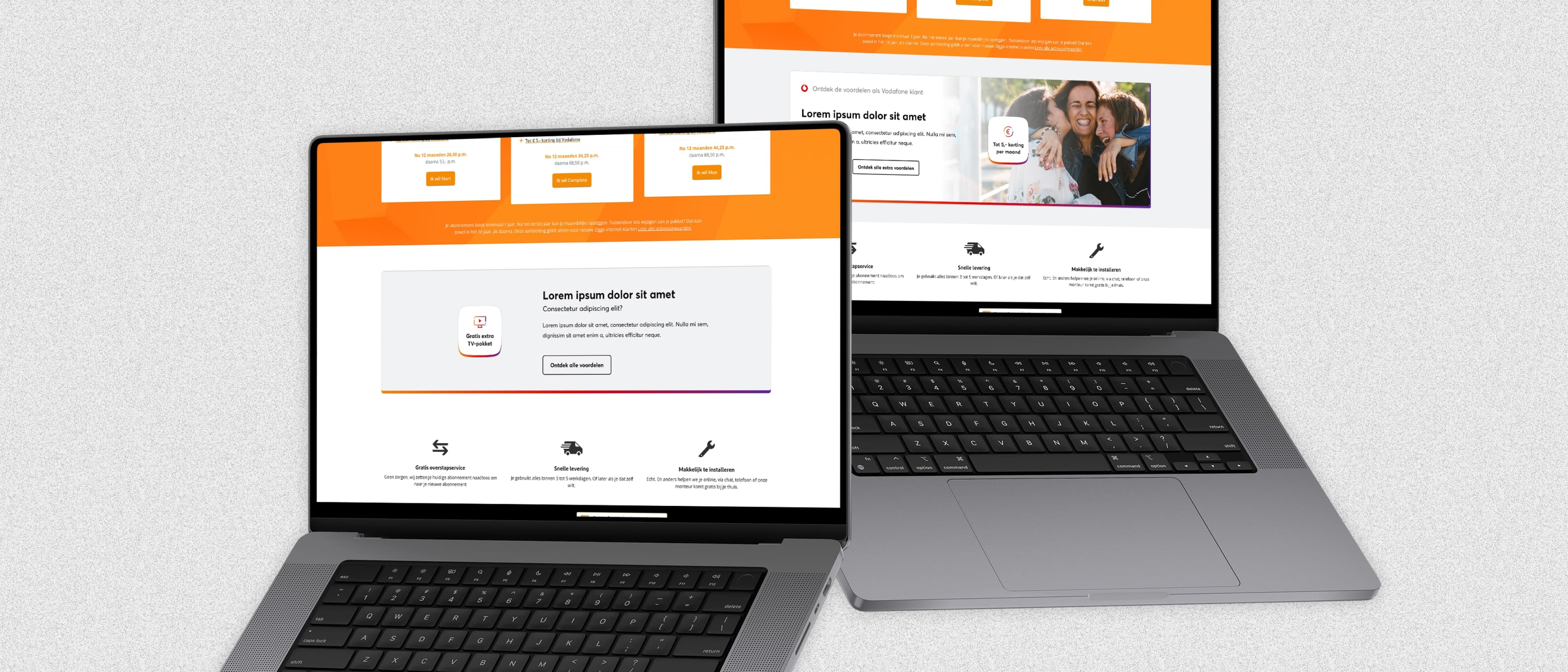 Two laptop mockups showing refreshed Volop Extra Voordelen campaign and benefit page layouts